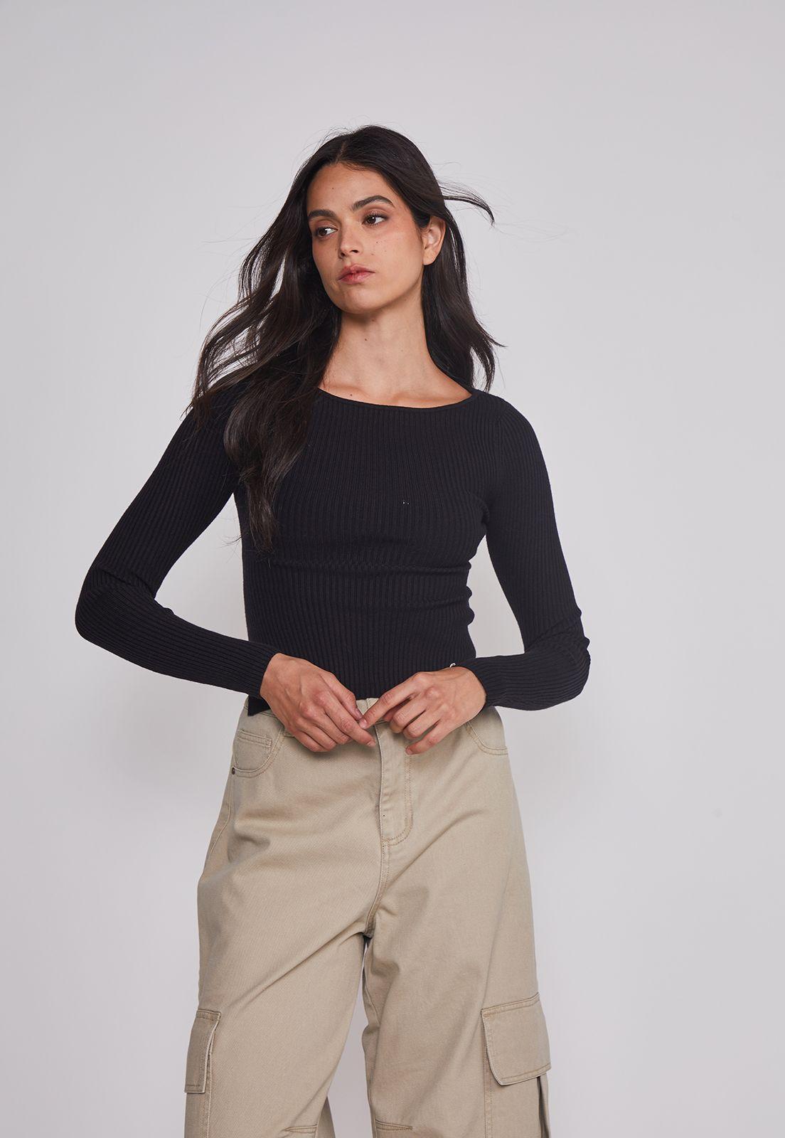 Sweater Mujer Acanalado Cuello Negro Sioux-0