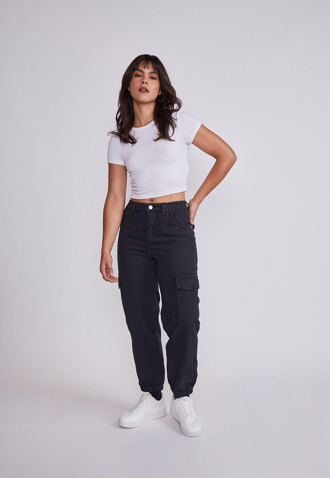 Jeans Mujer Negro Jogger Con Bolsillos Cargo Sioux-3