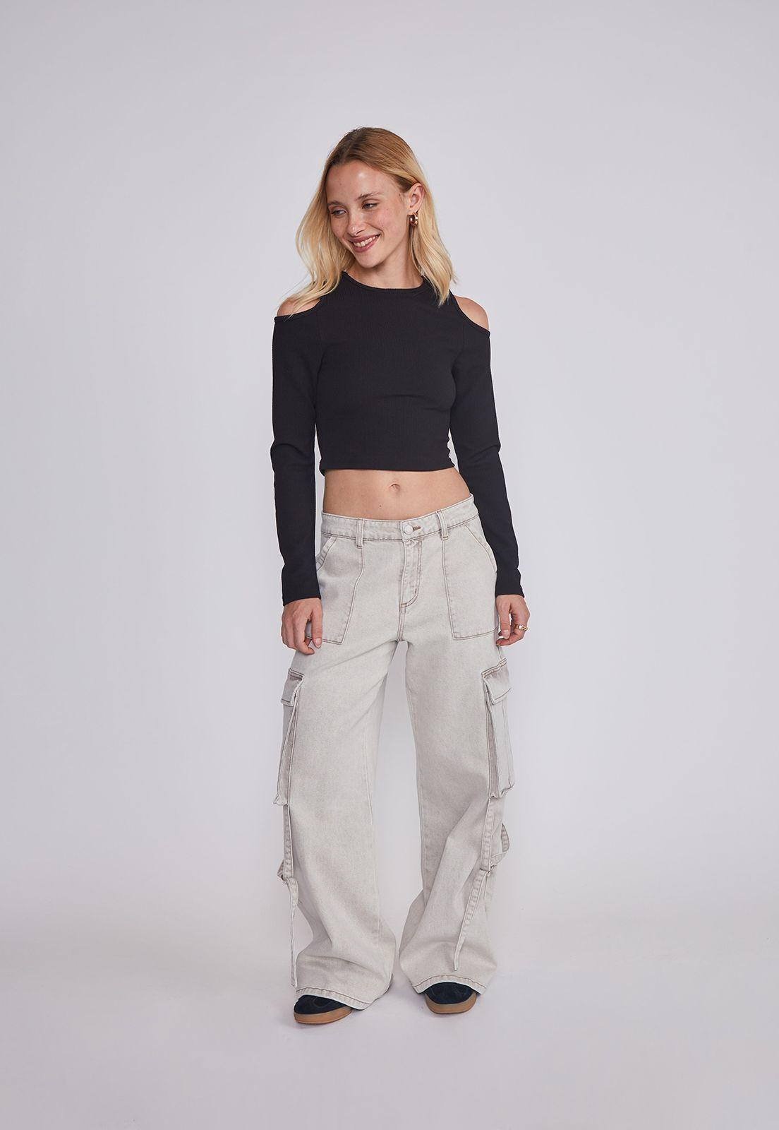 Jeans Mujer Cargo Tiras Gris Sioux-4