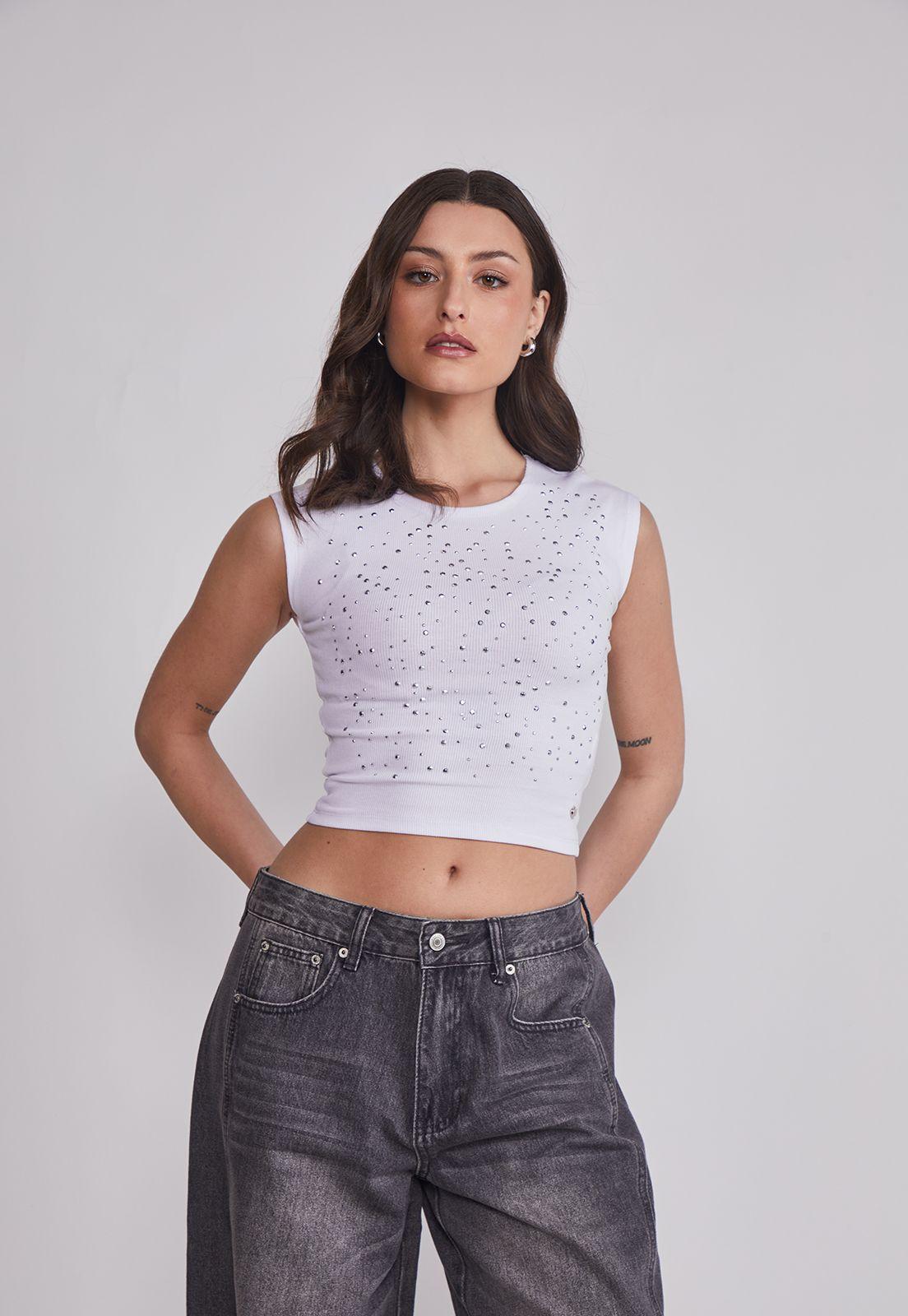 Polera Mujer Strass Delantero Blanco Sioux-0