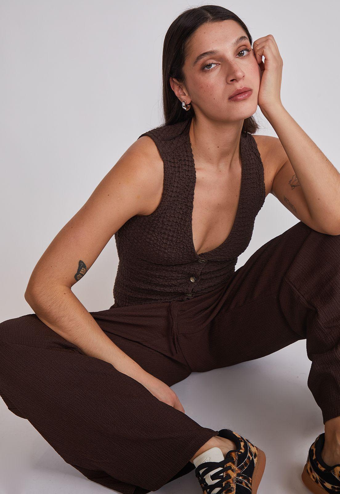 Pantalón Mujer Wide Leg Texturado Café Sioux-1