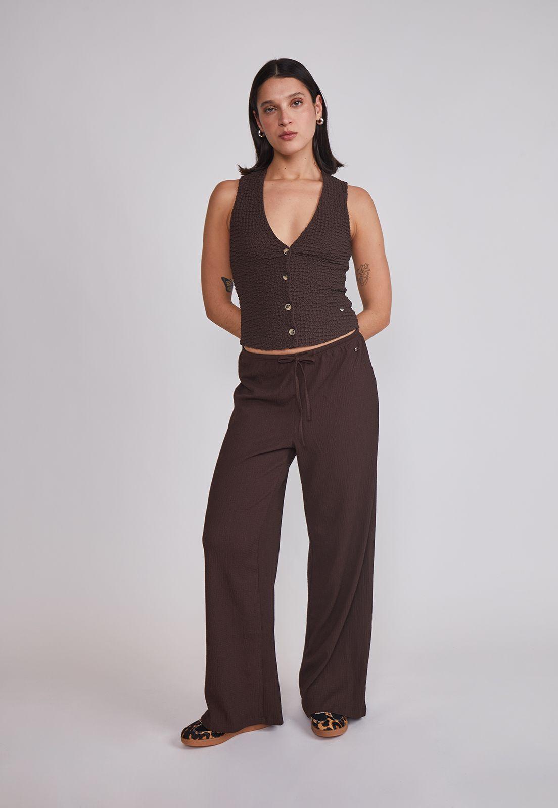 Pantalón Mujer Wide Leg Texturado Café Sioux-4