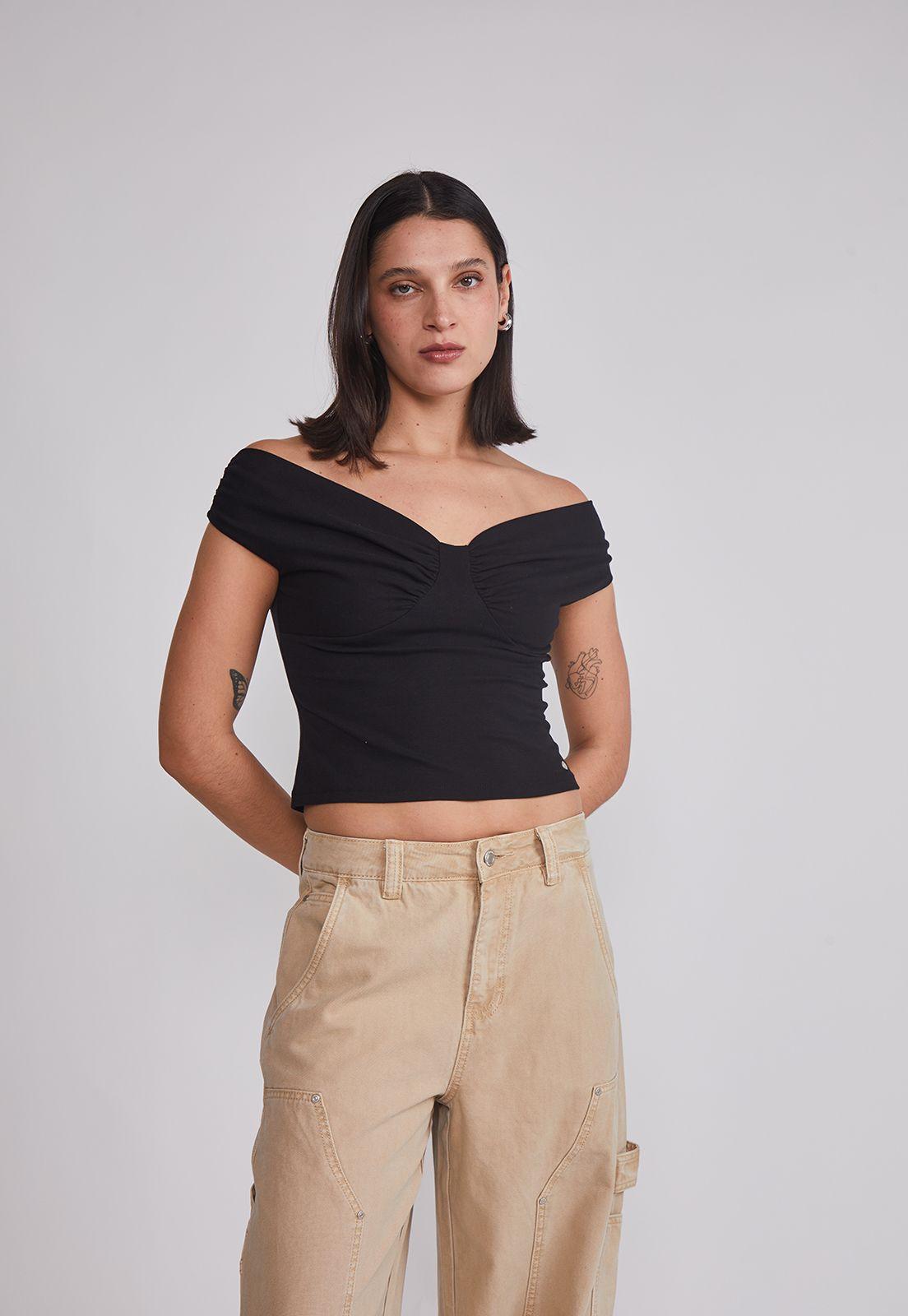 Polera Mujer Pliegues Hombros Negro Sioux-0
