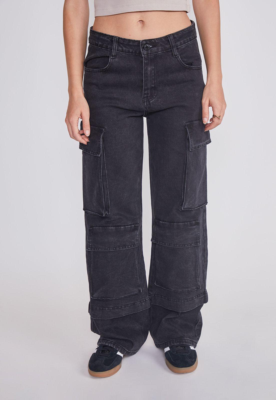 Jeans Mujer Cargo Multibolsillos Negro Sioux-0