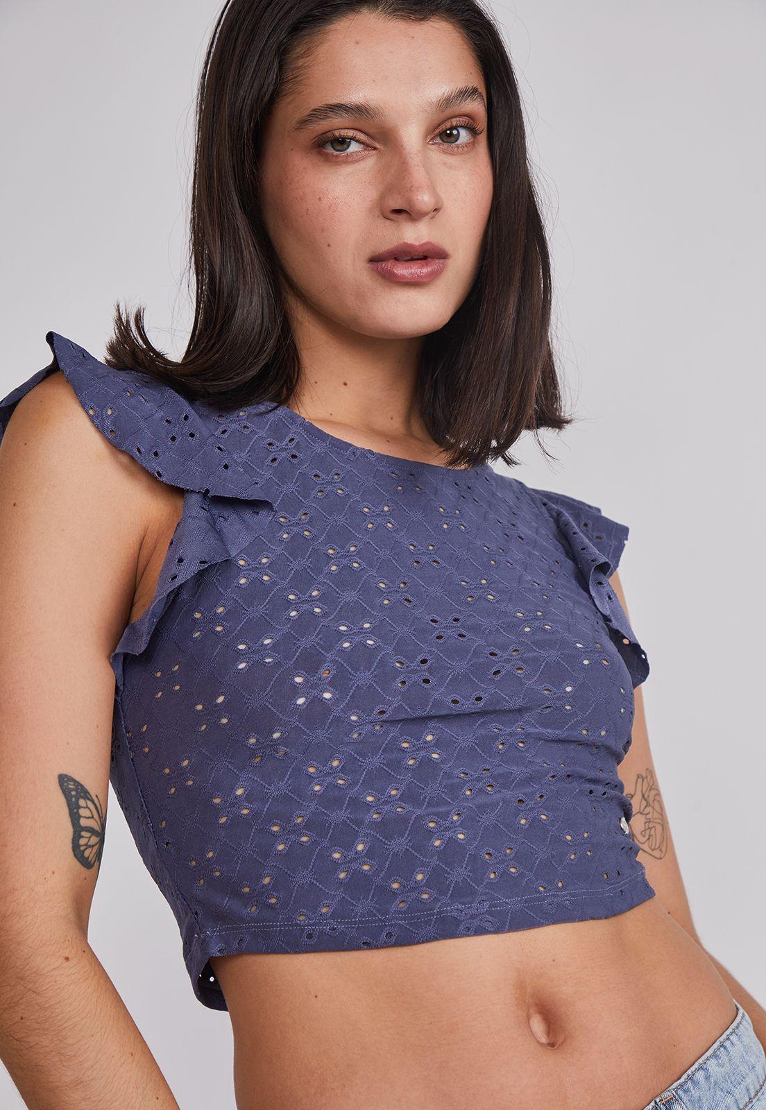 Polera Mujer Texturada Broderie Azul Sioux-2