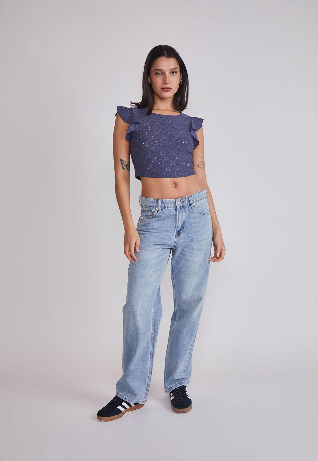 Polera Mujer Texturada Broderie Azul Sioux-4