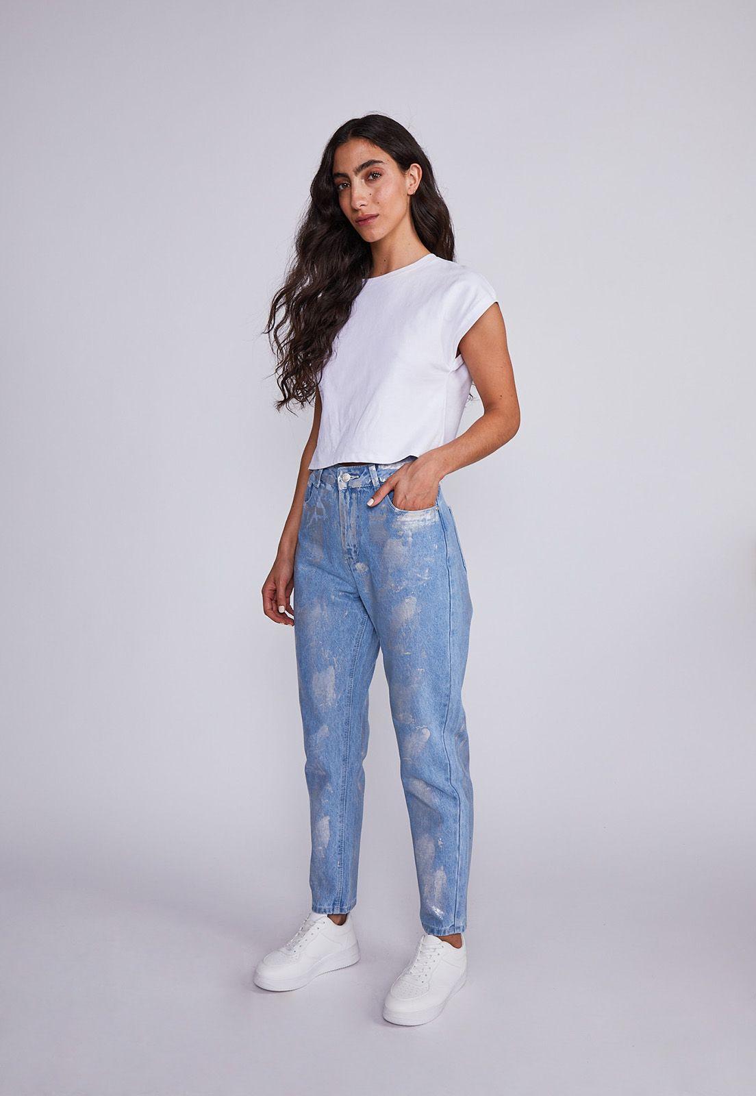 Jeans Mujer Azul Mom Metalizados Sioux-3