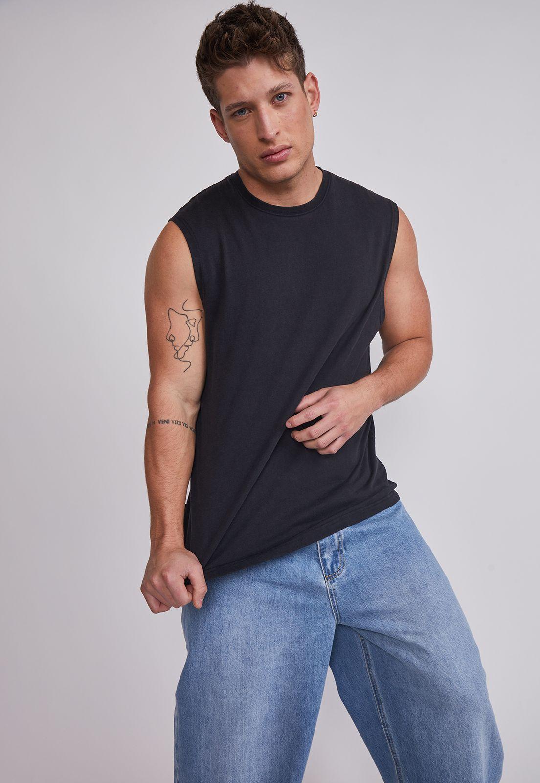 Polera Sin Manga Hombre Lavada Jersey Negro Sioux-1