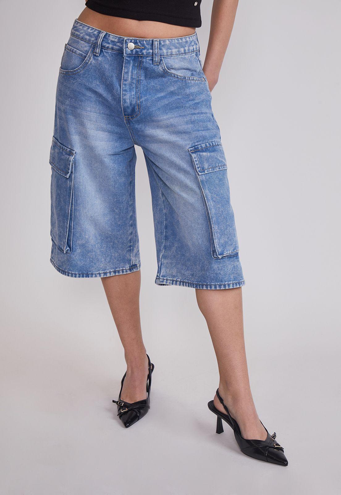 Short Mujer Cargo Tiro Alto Celeste Sioux-0
