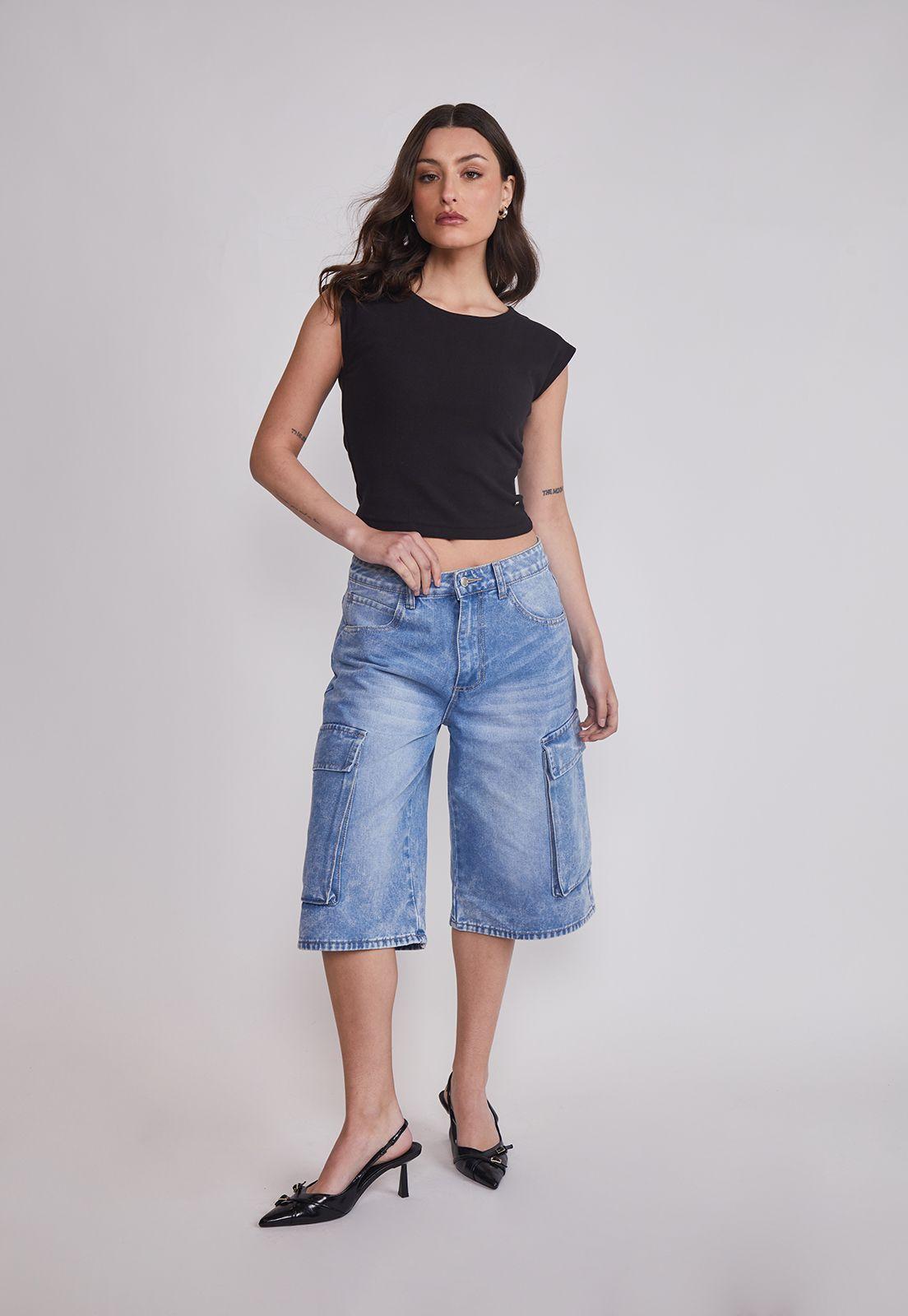 Short Mujer Cargo Tiro Alto Celeste Sioux-4