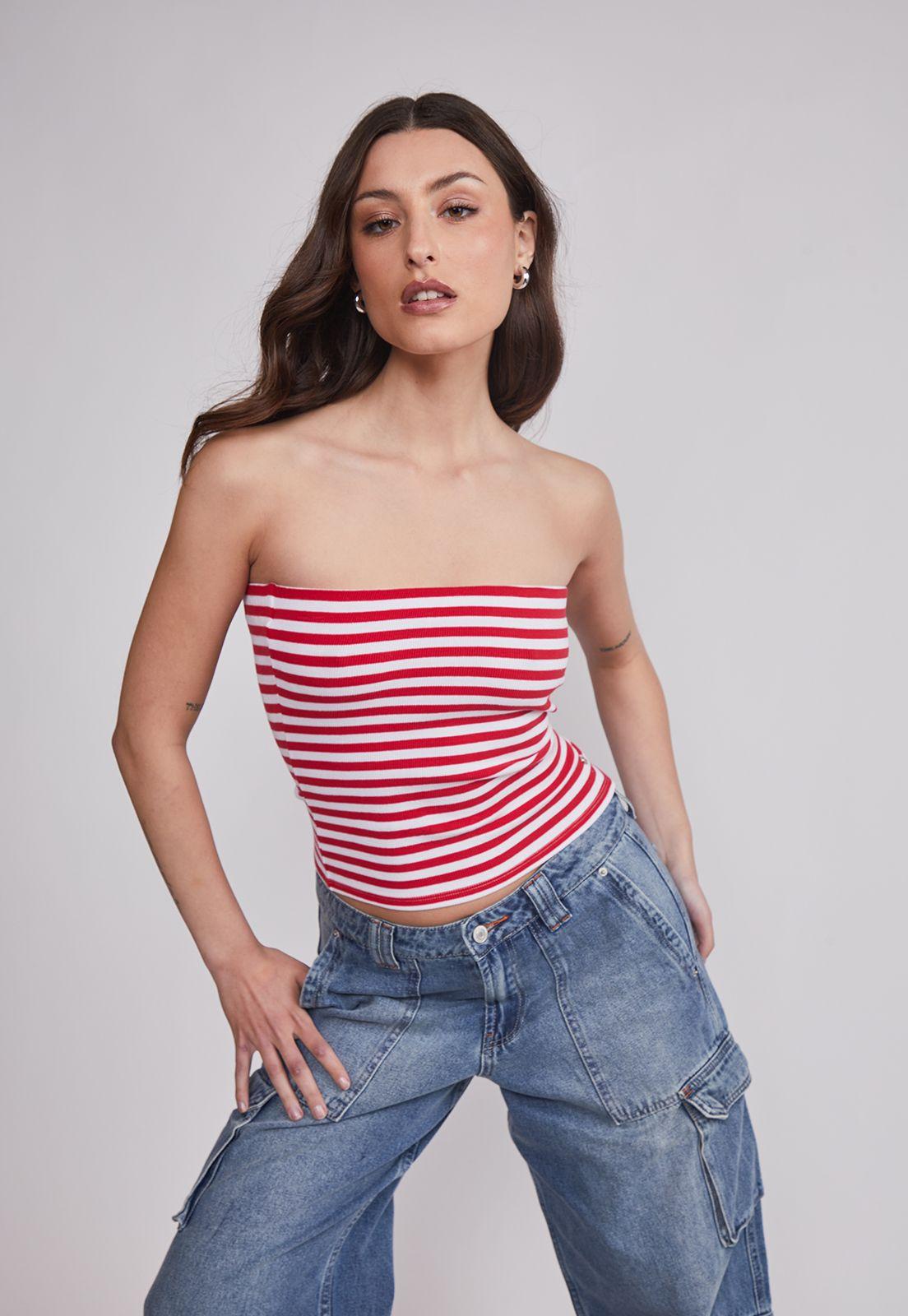 Peto Mujer Strapless Listado Rojo Sioux-2