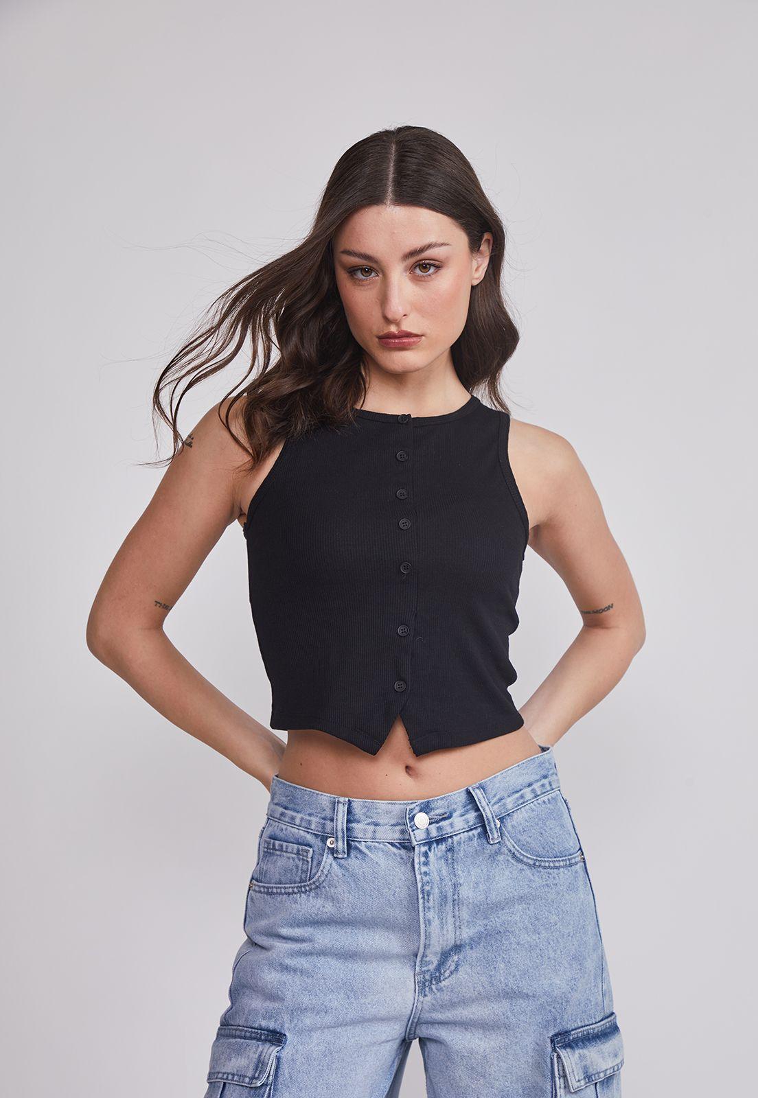 Peto Mujer Rib Botones Negro Sioux-0