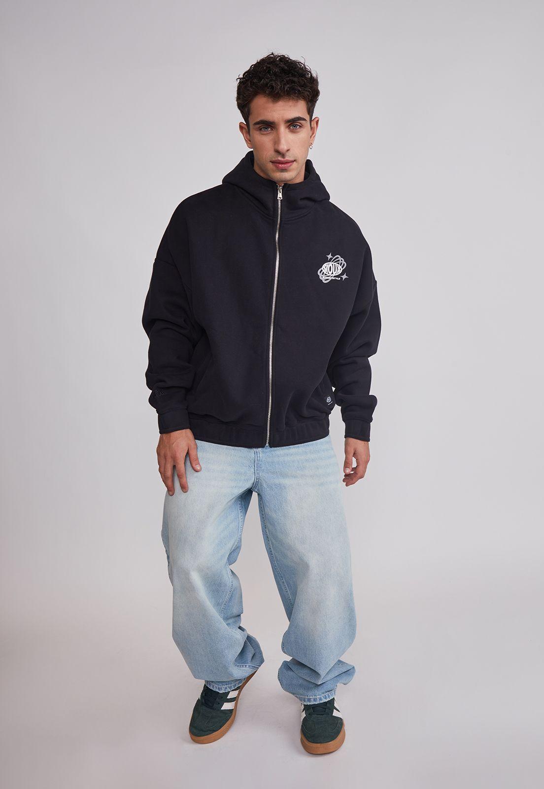 Polerón Hombre Cierre Boxy Fit Negro Sioux-1