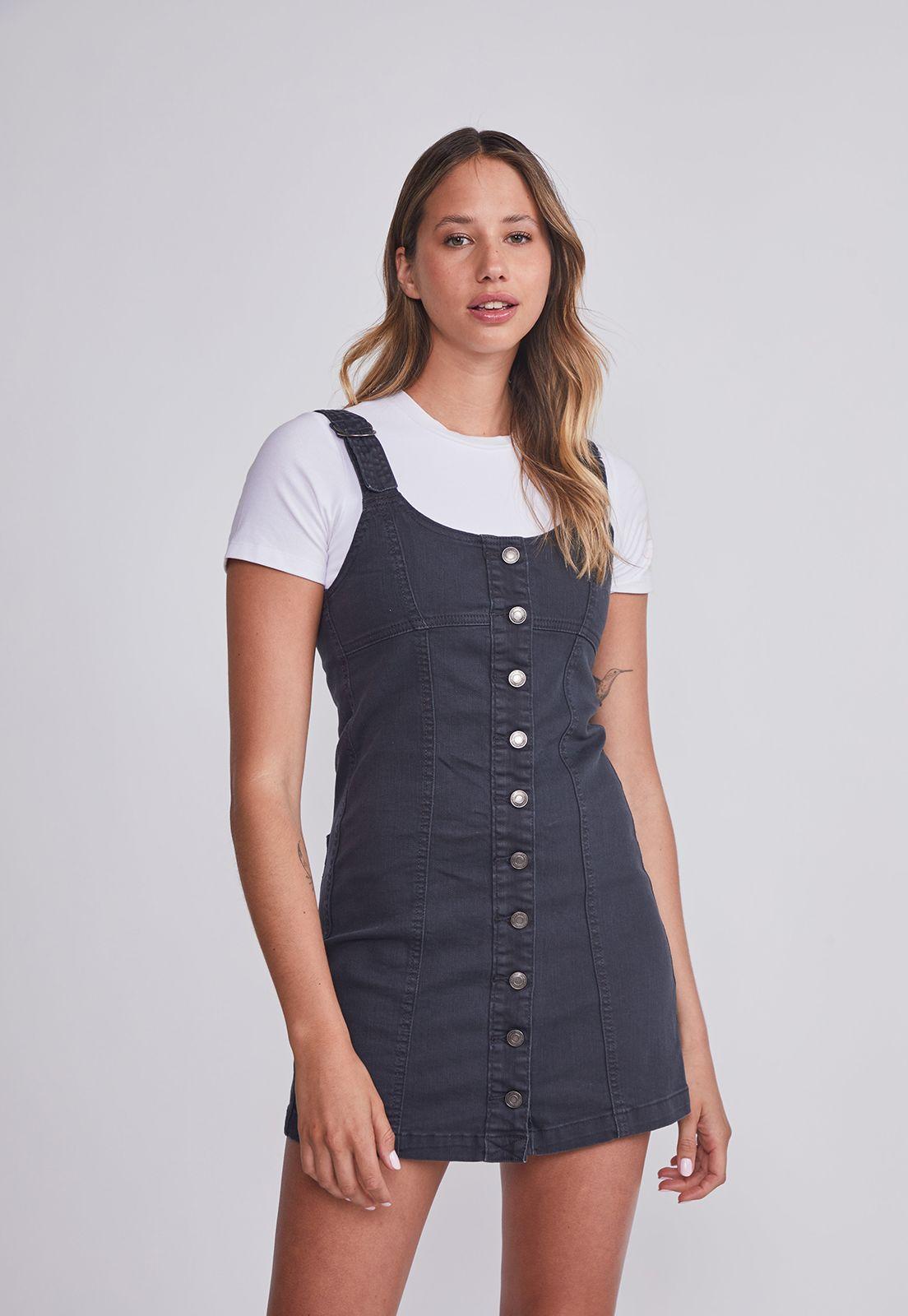 Vestido Mujer Negro Denim Botones Sioux-0