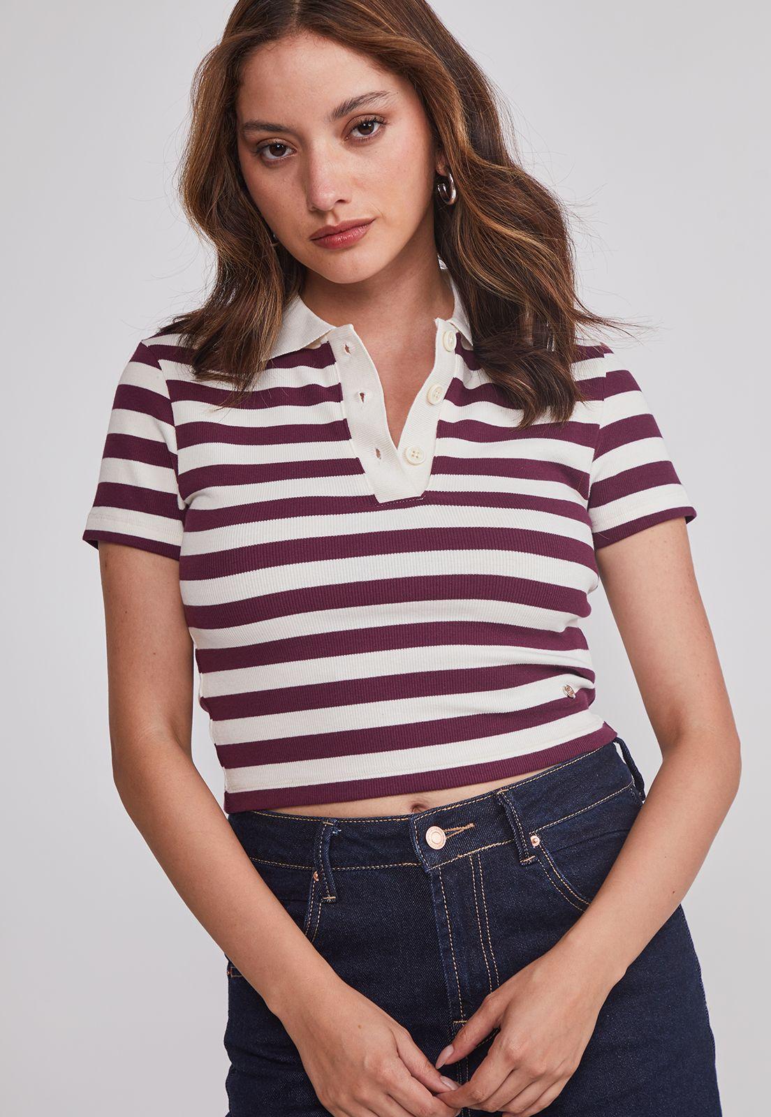 Polera Mujer Listada Con Cuello Burdeo Sioux-3