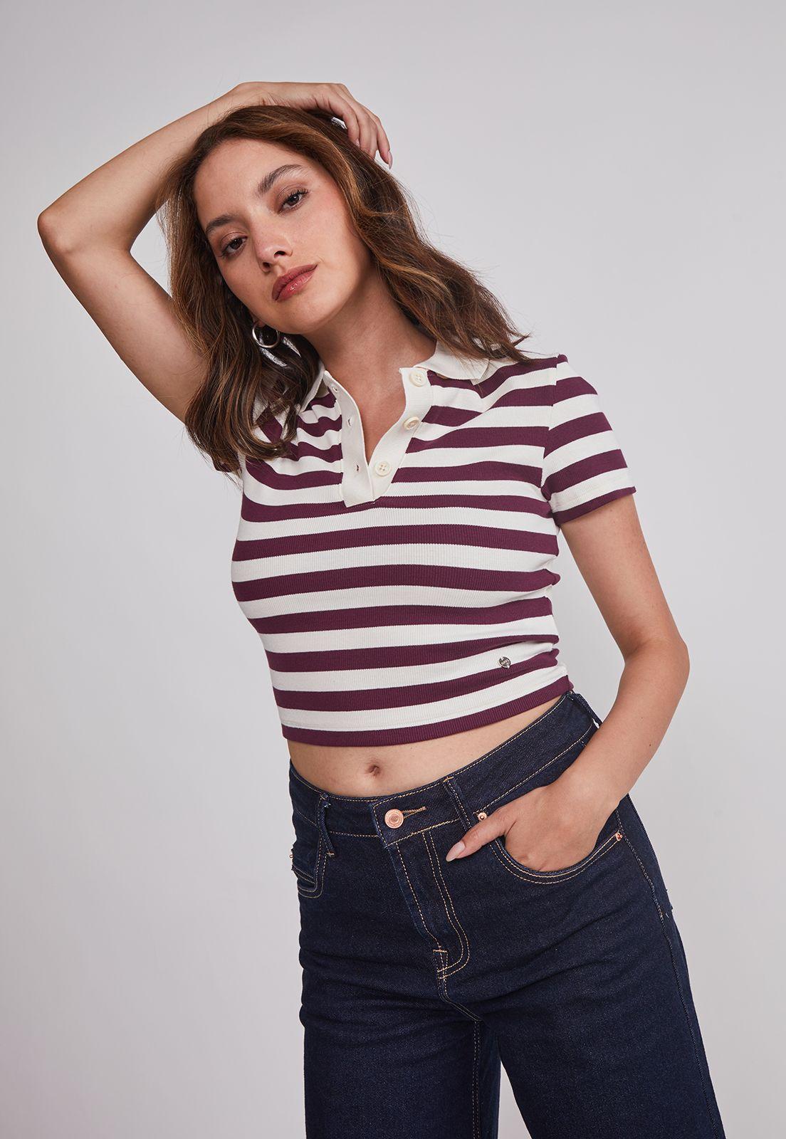 Polera Mujer Listada Con Cuello Burdeo Sioux-4