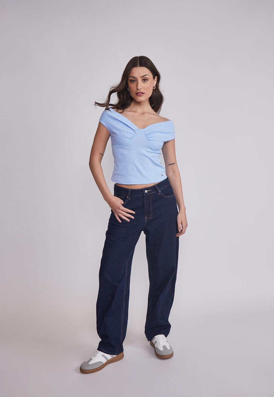 Polera Mujer Pliegues Hombros Celeste Sioux-4