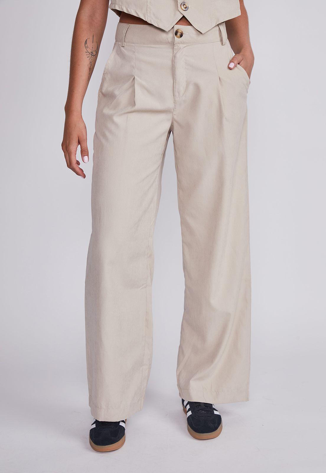 Pantalón Mujer Beige Liviano Pinzas Sioux-0
