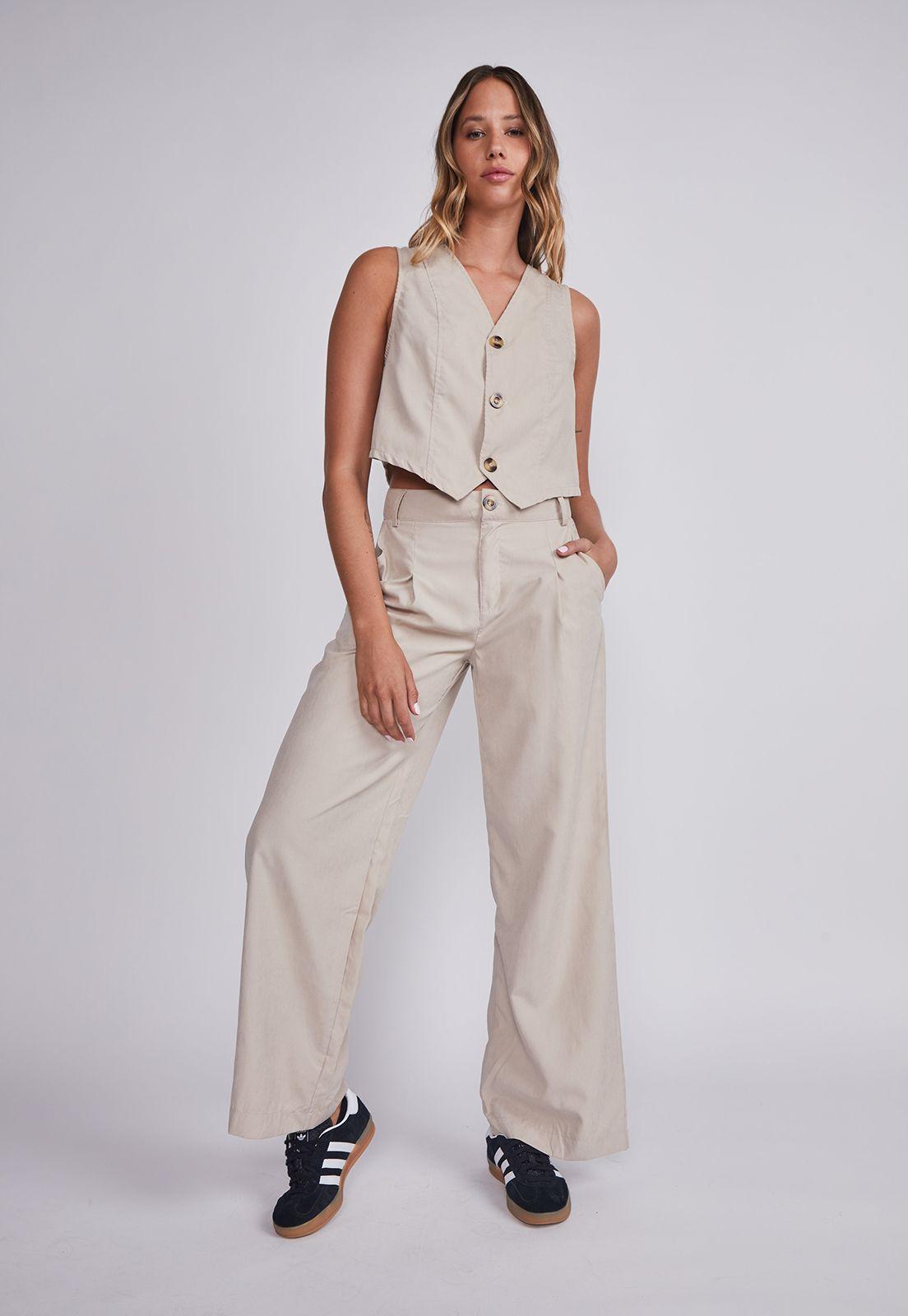 Pantalón Mujer Beige Liviano Pinzas Sioux-1