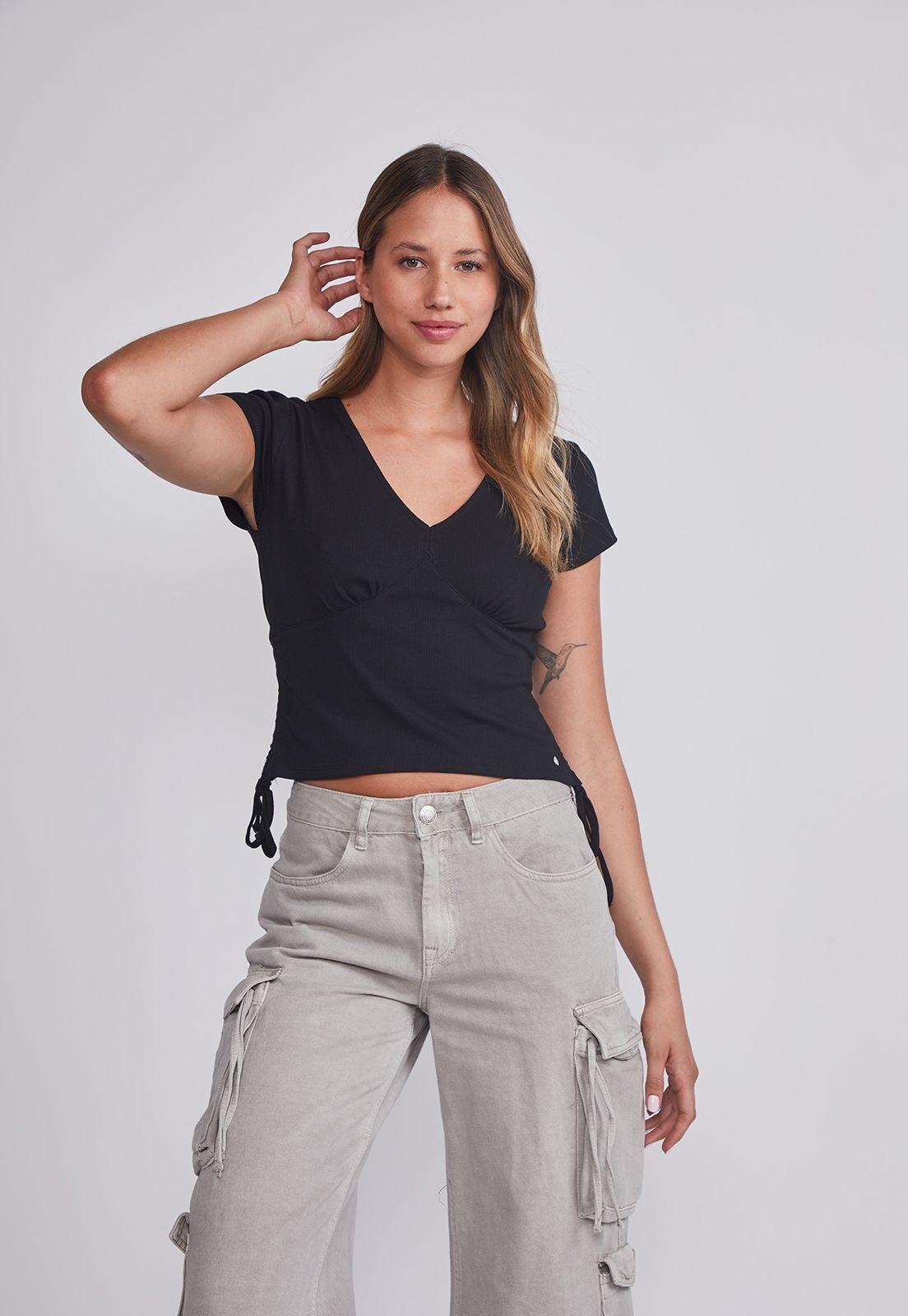 Polera Mujer Negro Amarras Costados Sioux-0