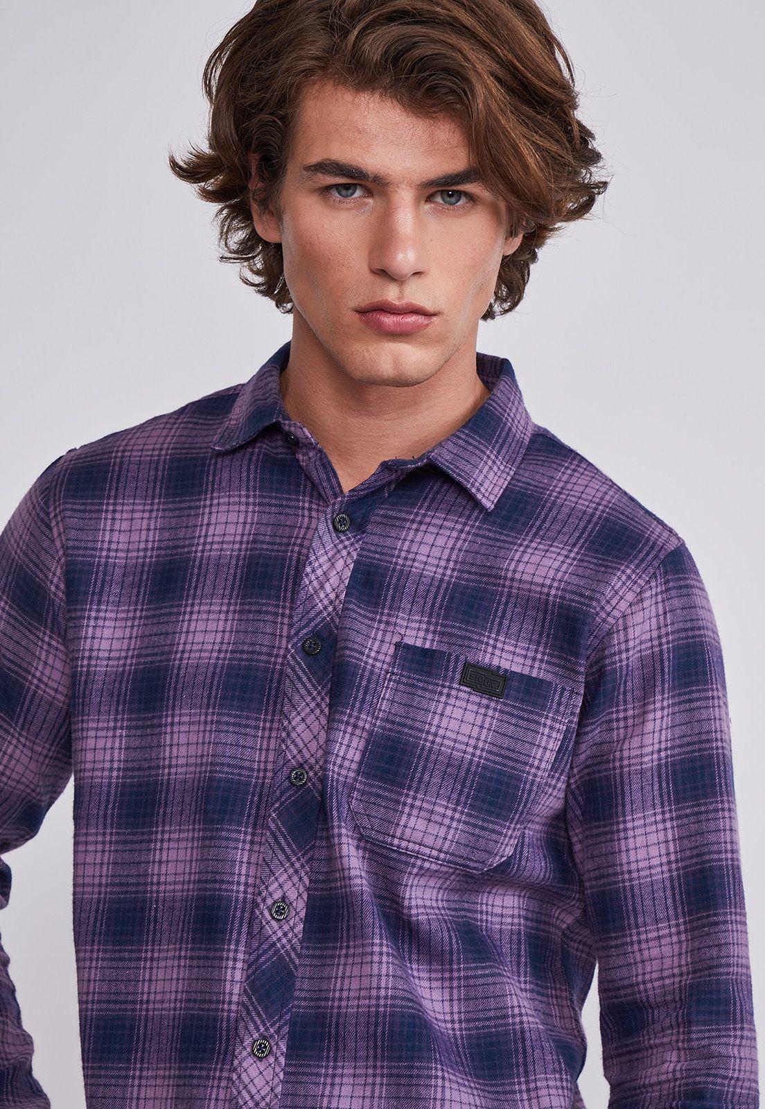 Camisa Hombre Morado Cuadros Con Botones Sioux-1