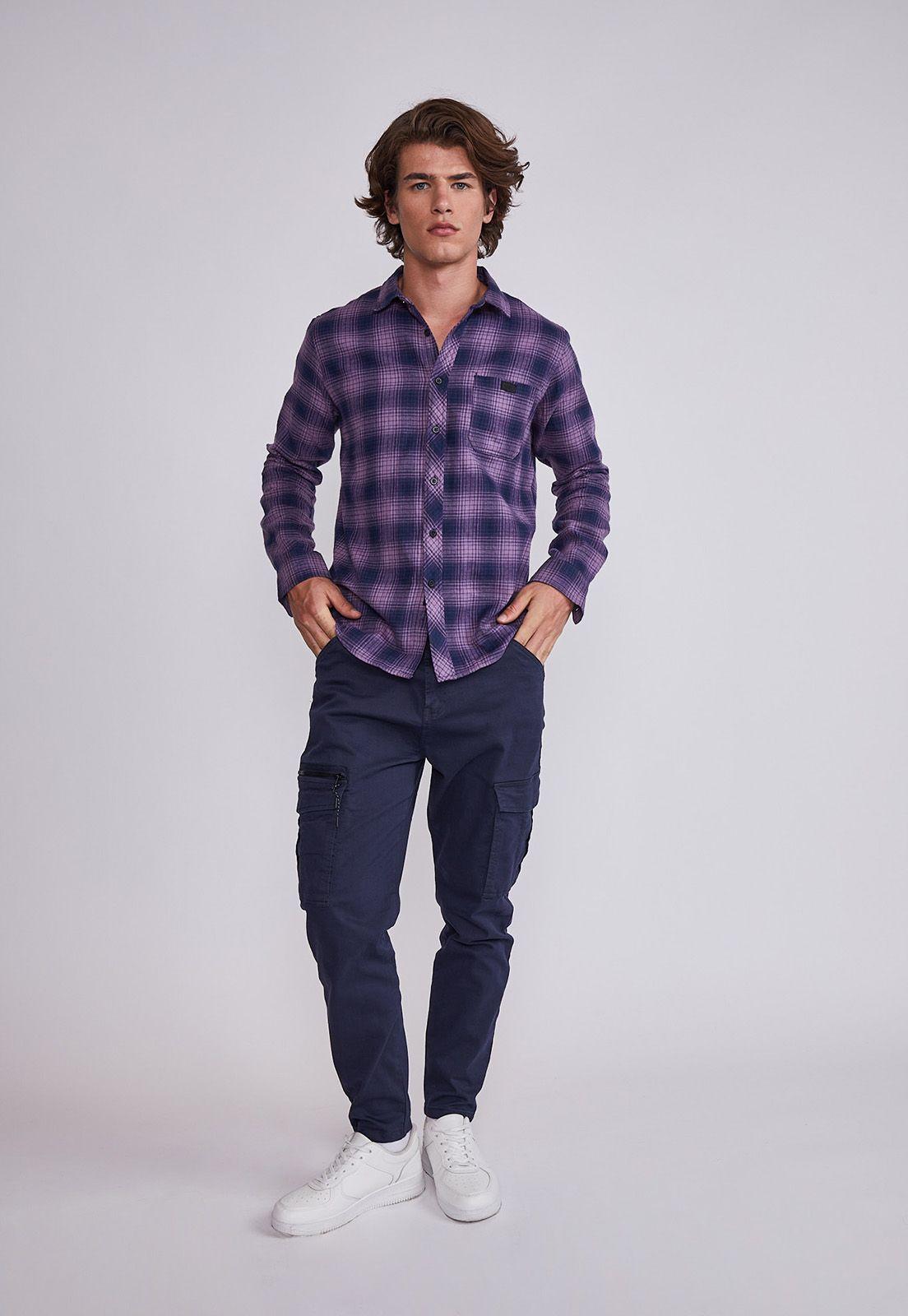Camisa Hombre Morado Cuadros Con Botones Sioux-3
