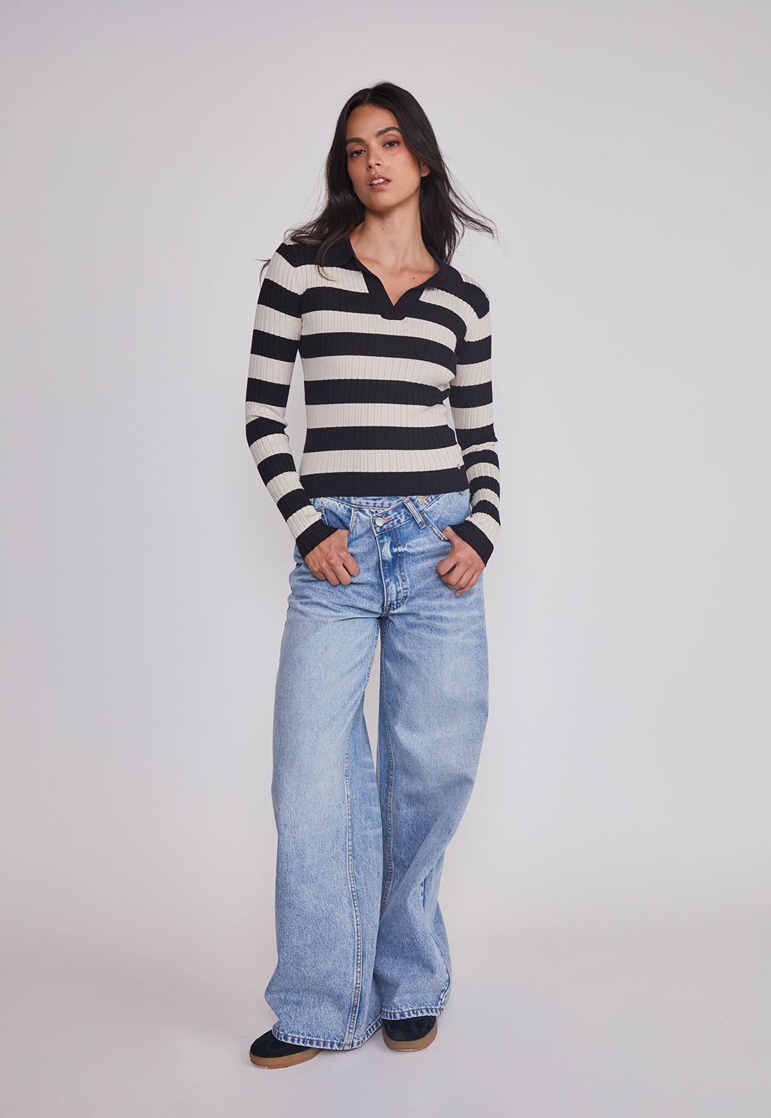 Sweater Mujer Cuello Polo Listado Negro Sioux-4