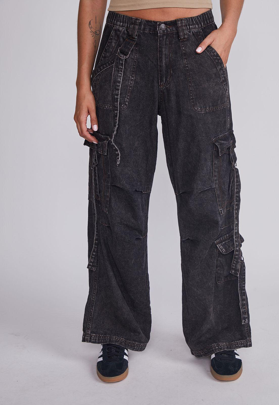 Jeans Mujer Negro Cargo Tiras Sioux-0