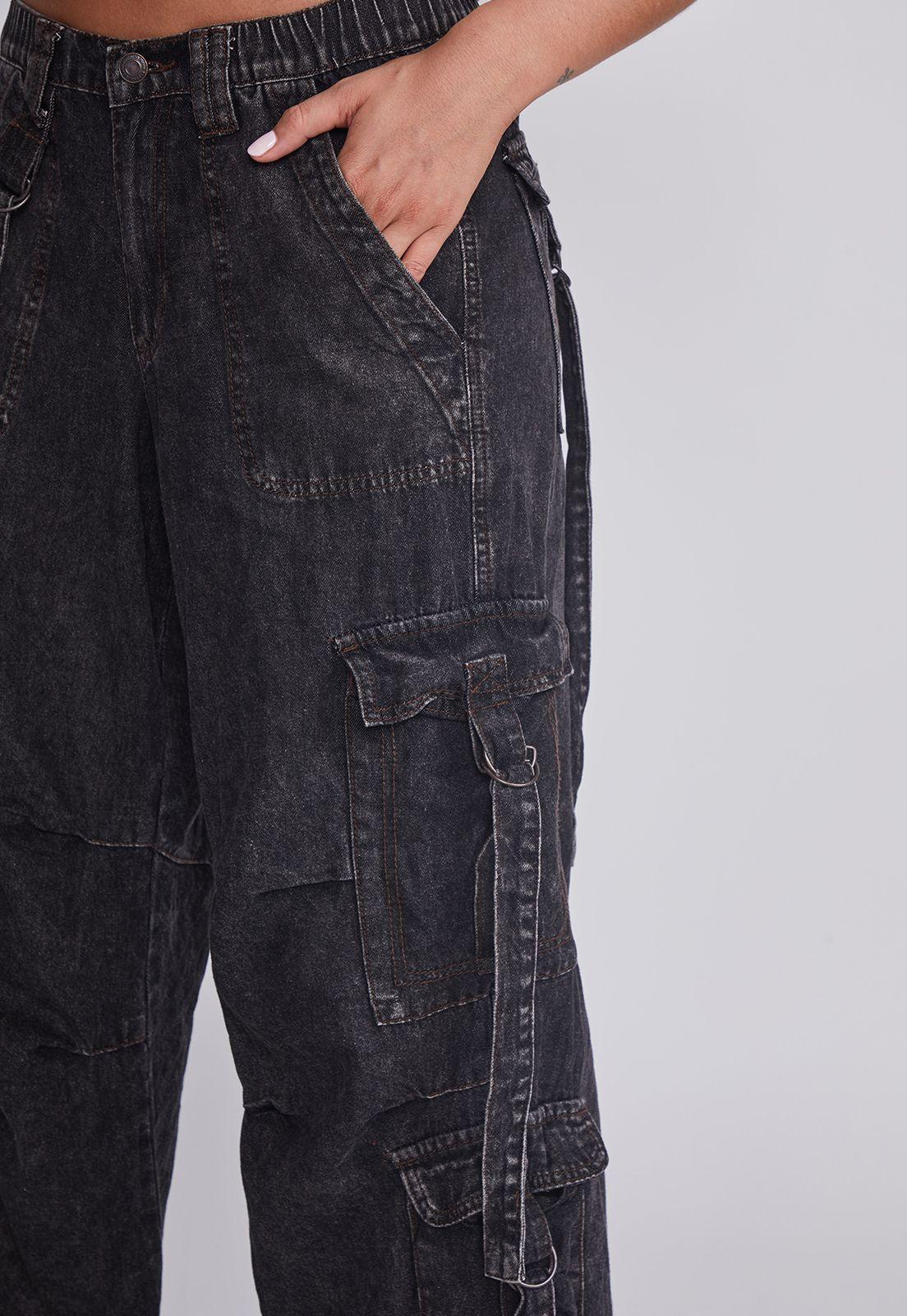 Jeans Mujer Negro Cargo Tiras Sioux-2