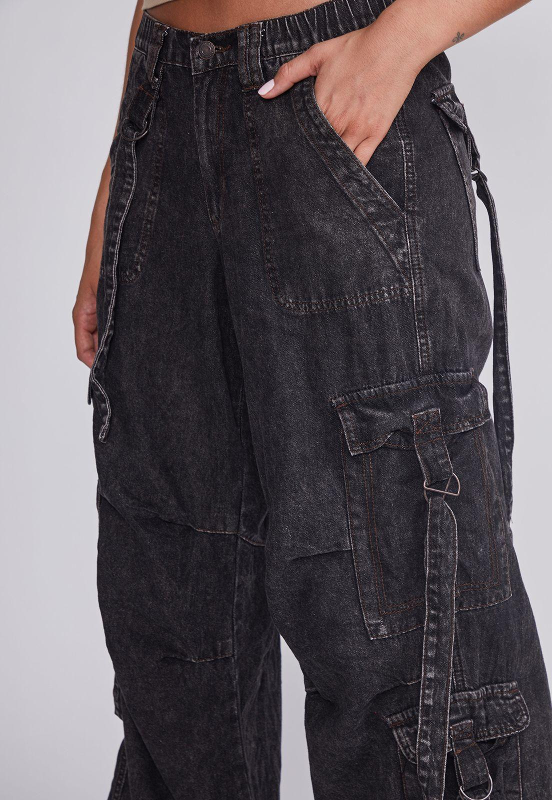 Jeans Mujer Negro Cargo Tiras Sioux-3