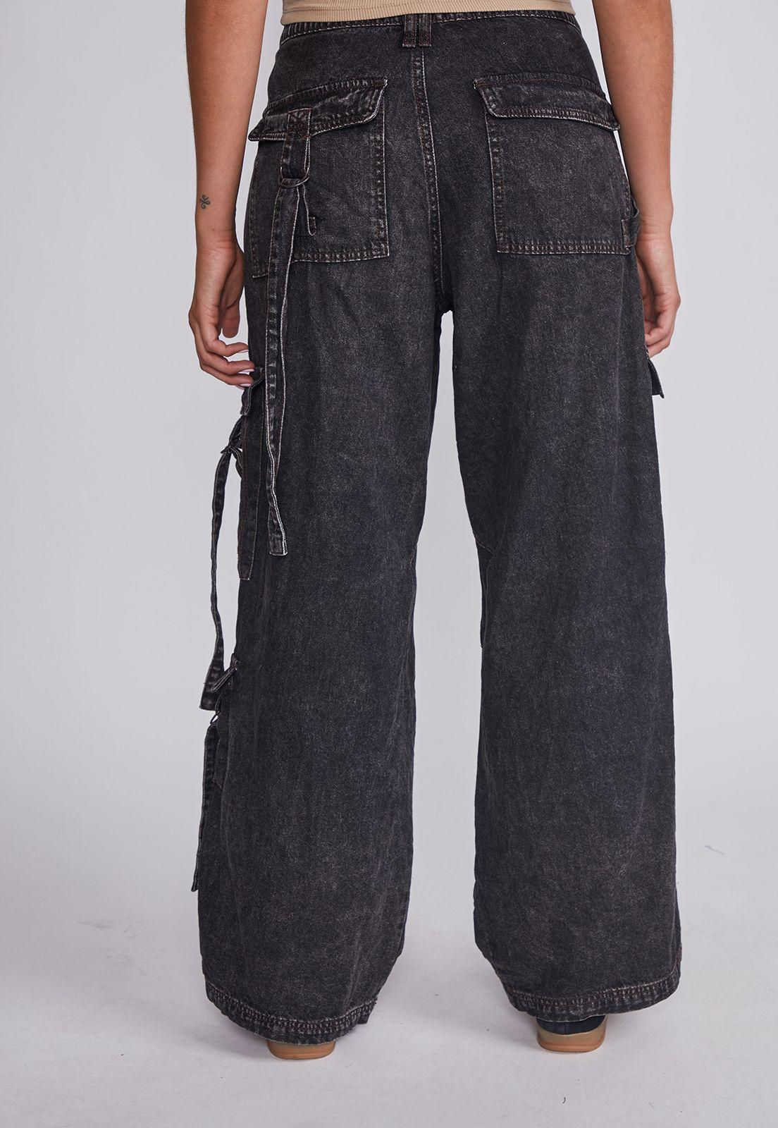 Jeans Mujer Negro Cargo Tiras Sioux-4