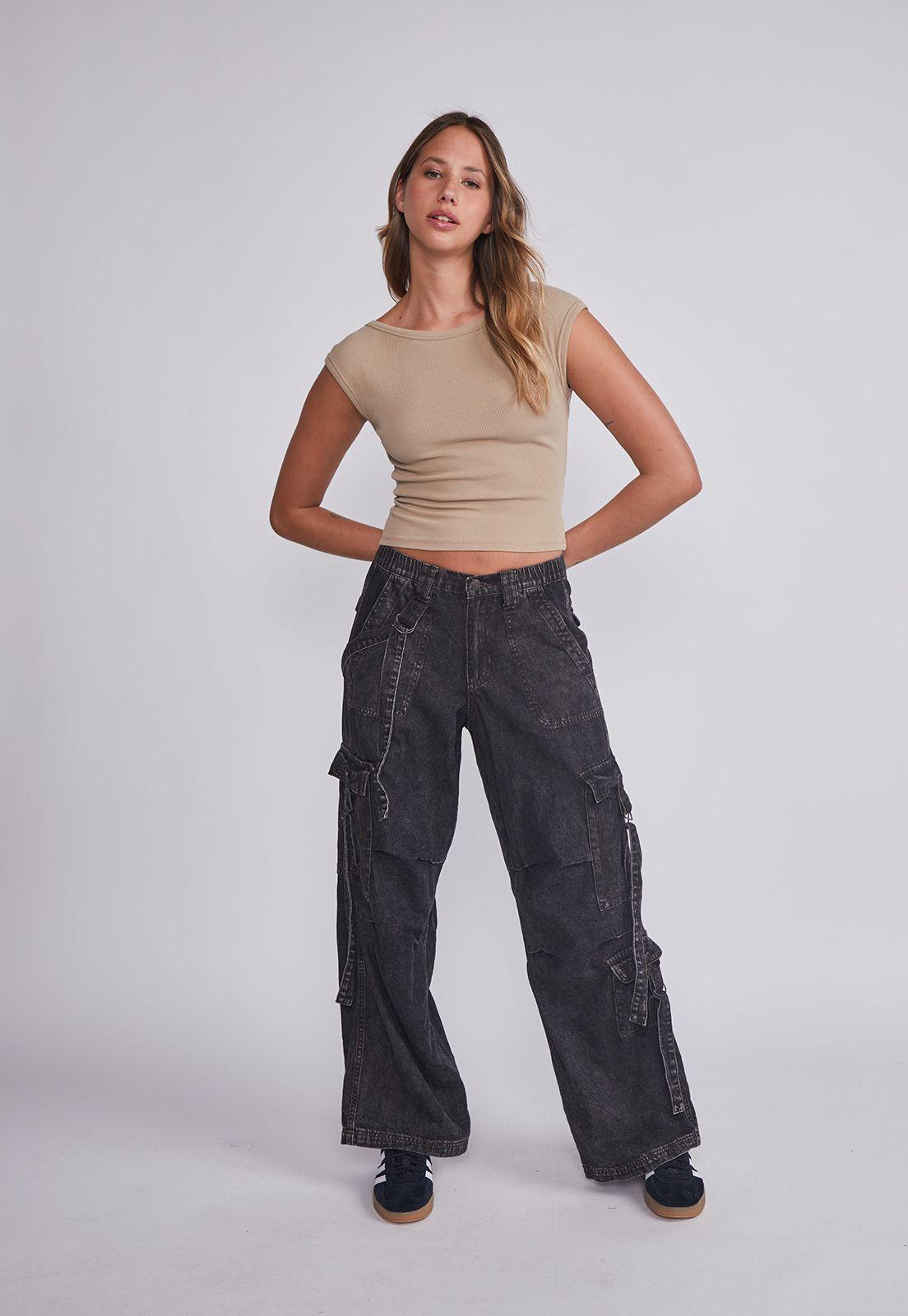 Jeans Mujer Negro Cargo Tiras Sioux-5