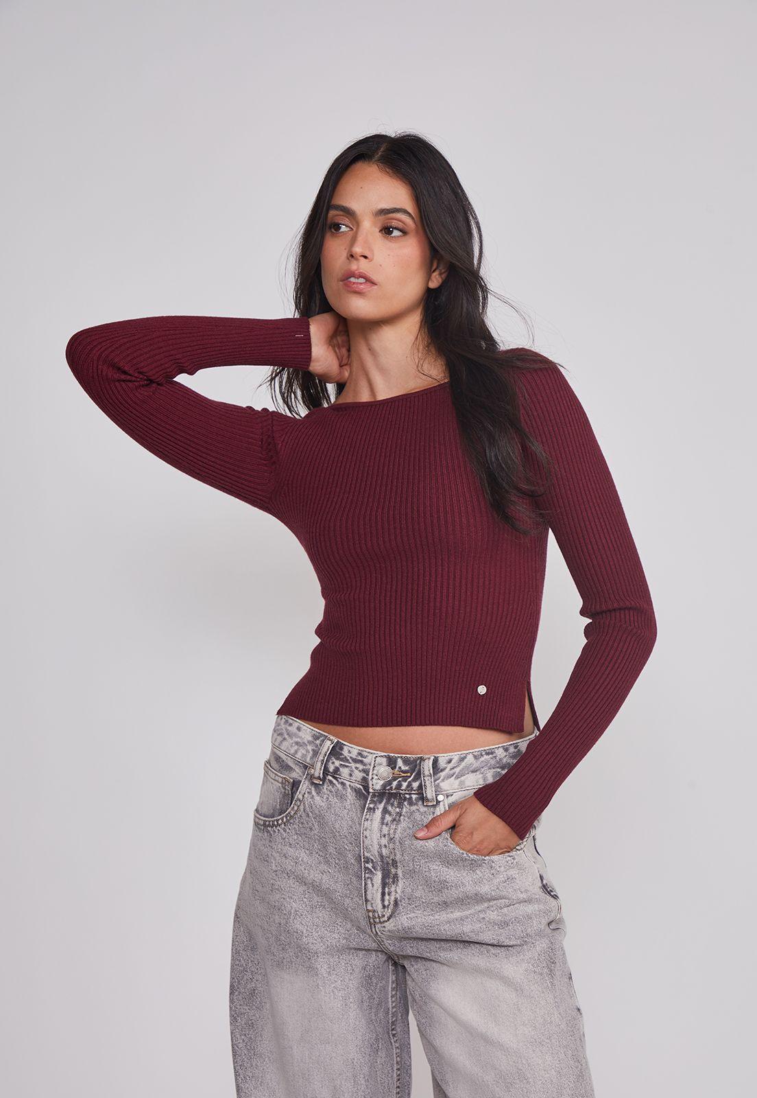 Sweater Mujer Acanalado Cuello Burdeo Sioux-0