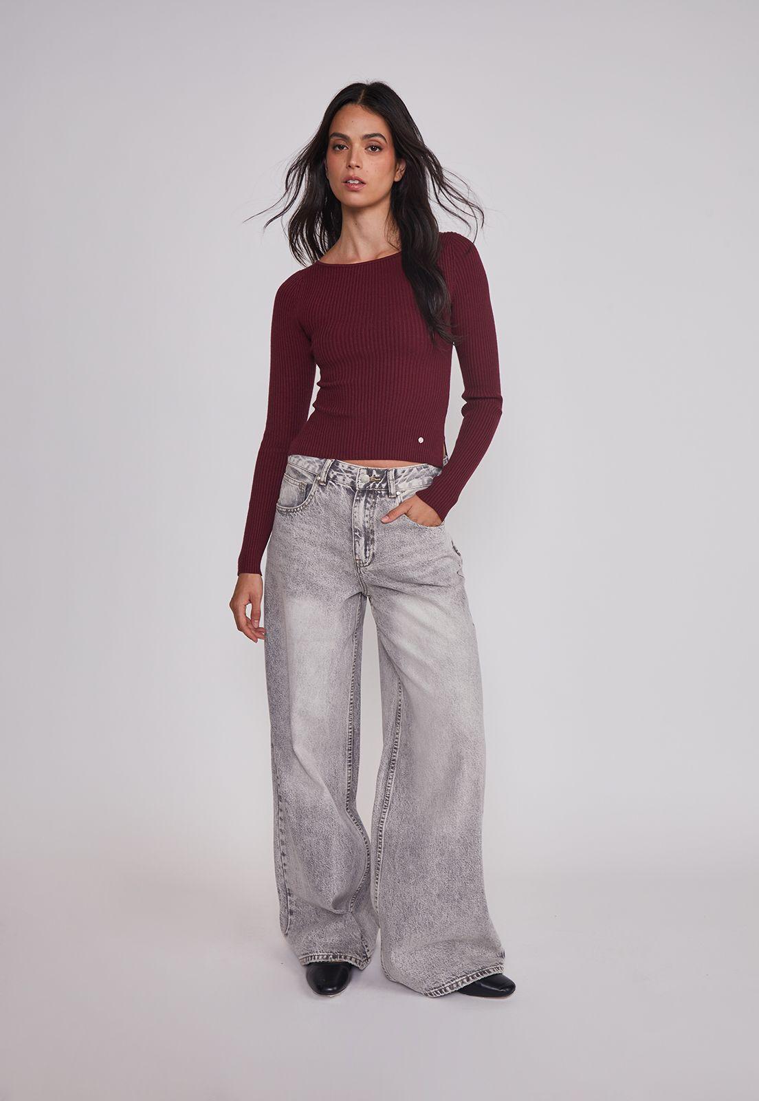 Sweater Mujer Acanalado Cuello Burdeo Sioux-2