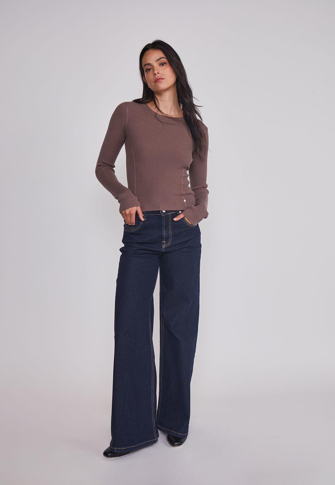 Sweater Mujer Acanalado Costura Café Sioux-2