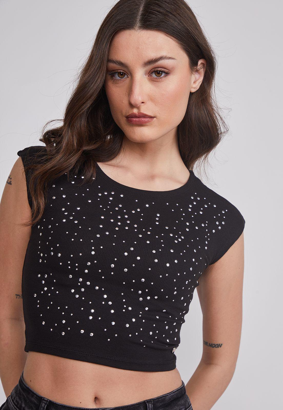 Polera Mujer Strass Delantero Negro Sioux-2