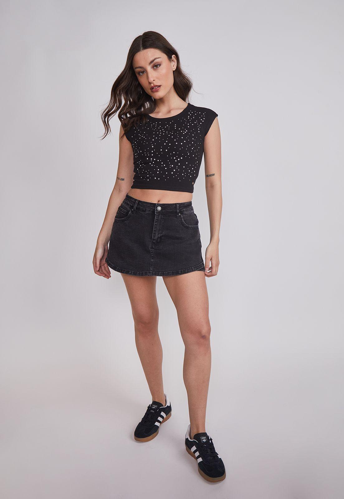 Polera Mujer Strass Delantero Negro Sioux-4