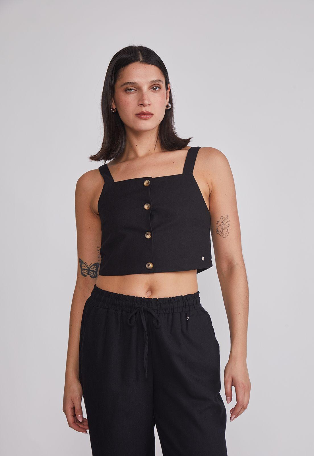 Blusa Mujer Lino Botones Negro Sioux-0