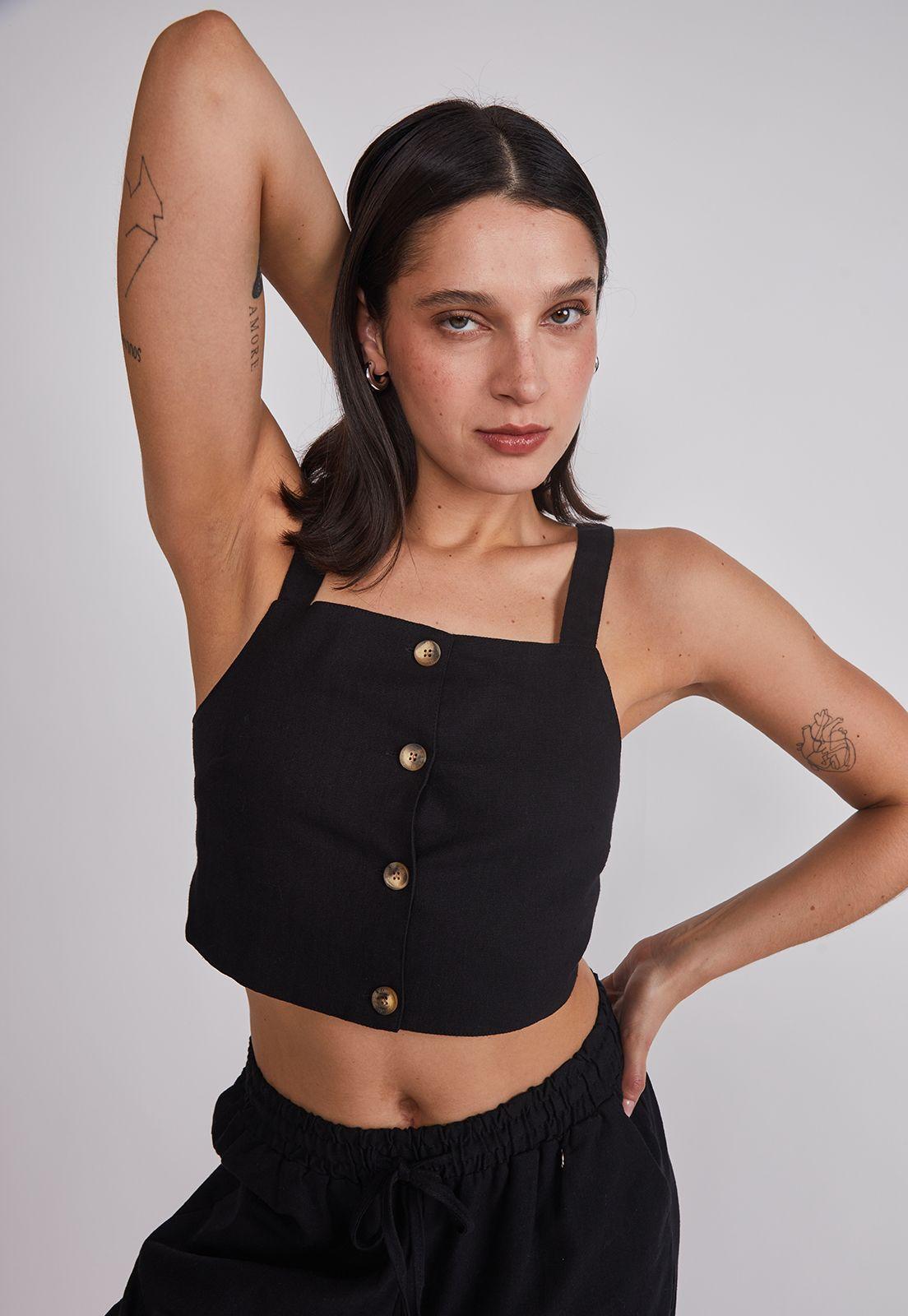 Blusa Mujer Lino Botones Negro Sioux-1