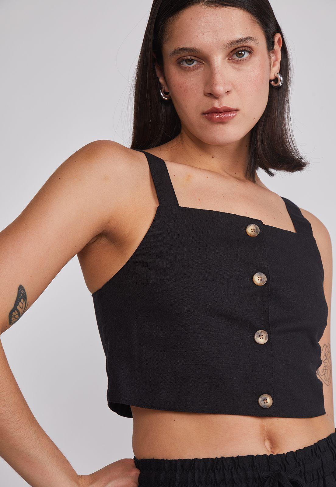 Blusa Mujer Lino Botones Negro Sioux-2