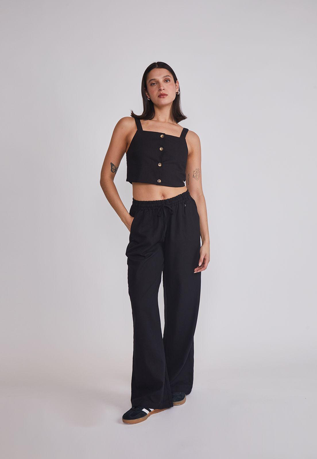 Blusa Mujer Lino Botones Negro Sioux-4