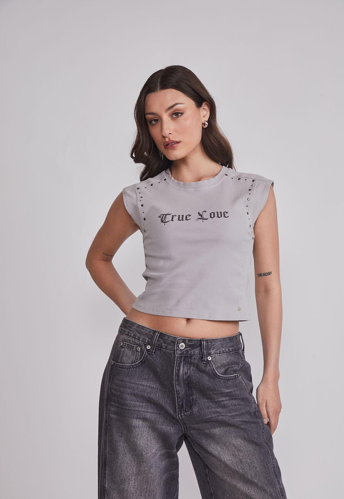 Polera Mujer Tachas Estampado Gris Sioux-0