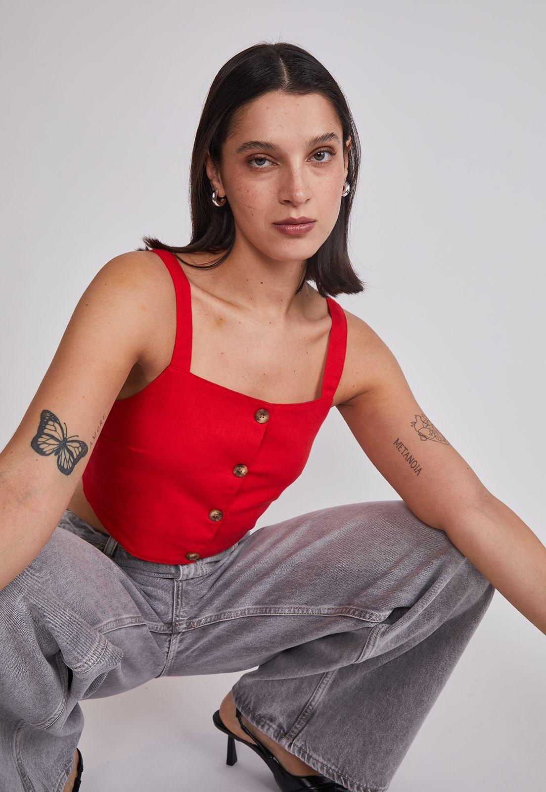 Blusa Mujer Lino Botones Rojo Sioux-1