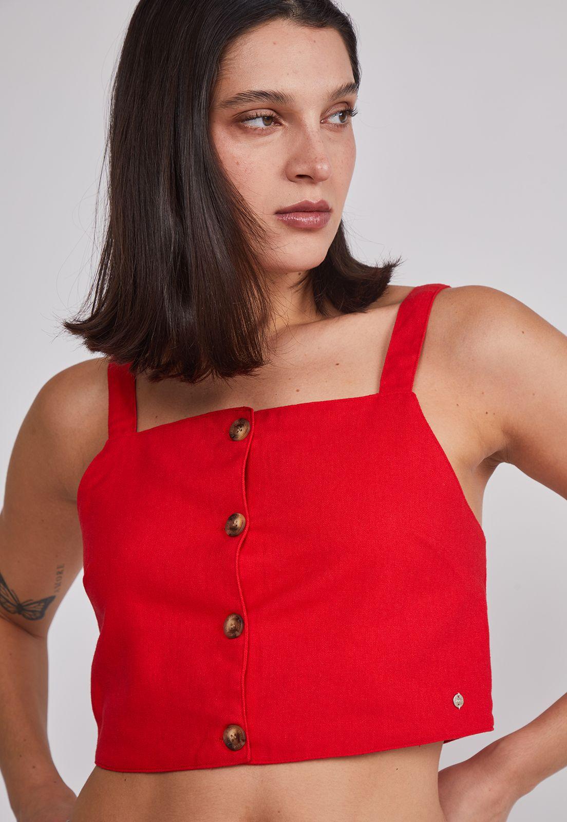 Blusa Mujer Lino Botones Rojo Sioux-2