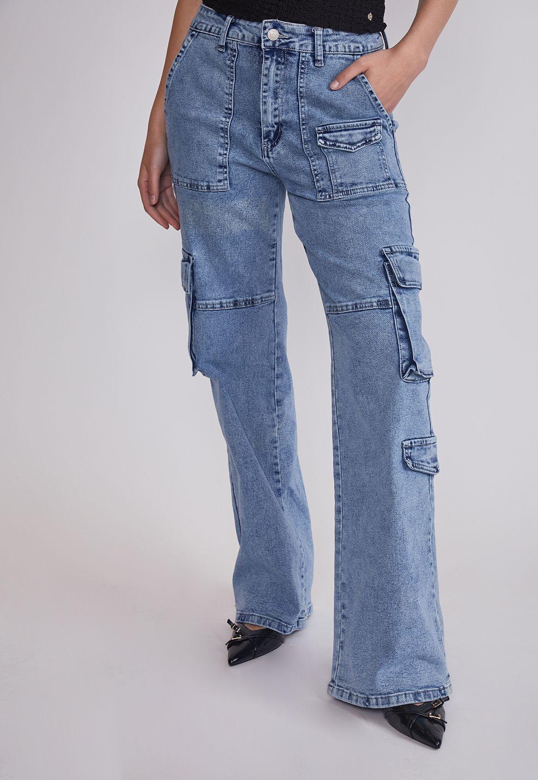 Jeans Mujer Cargo Elasticado Celeste Sioux-0