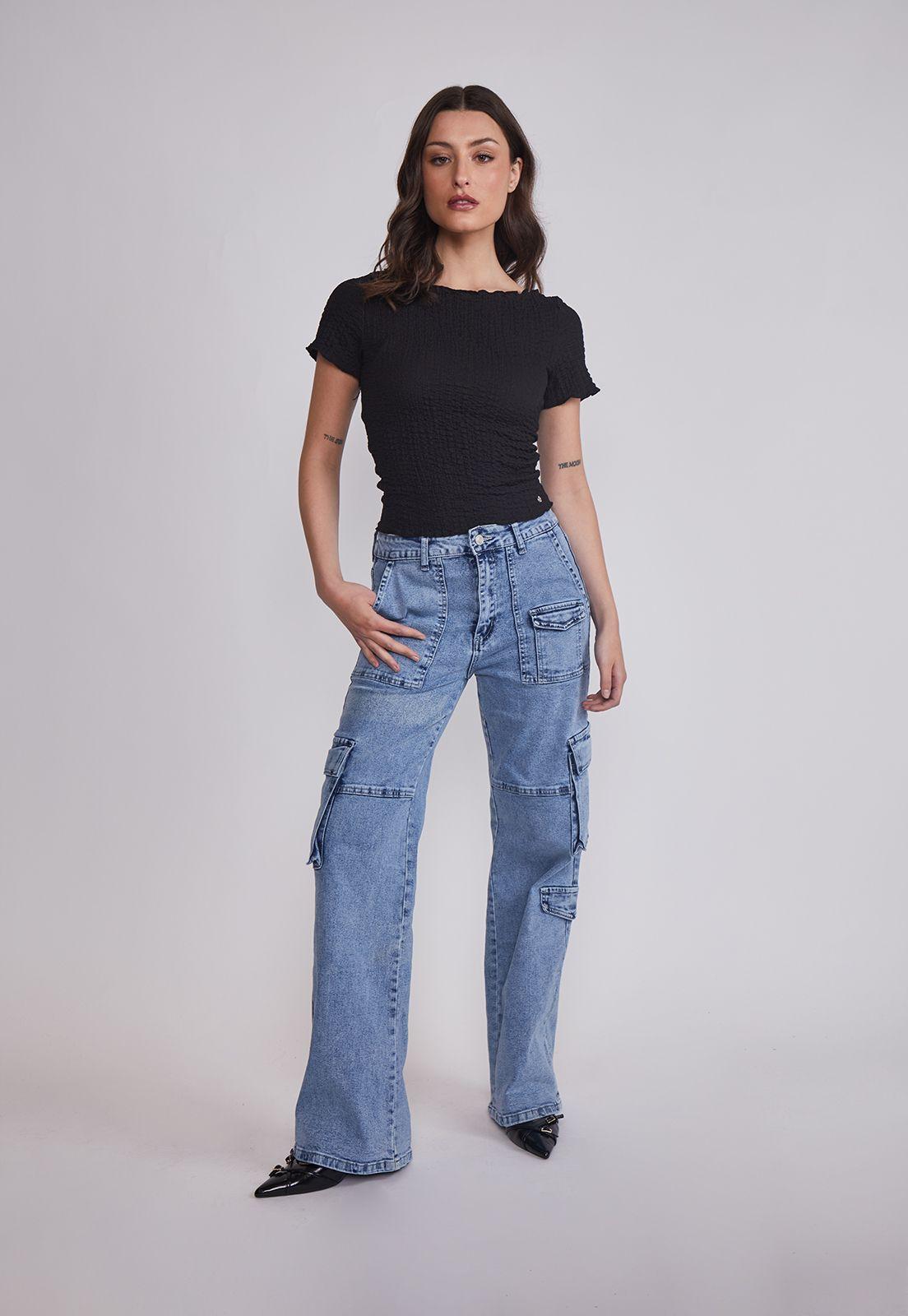 Jeans Mujer Cargo Elasticado Celeste Sioux-4