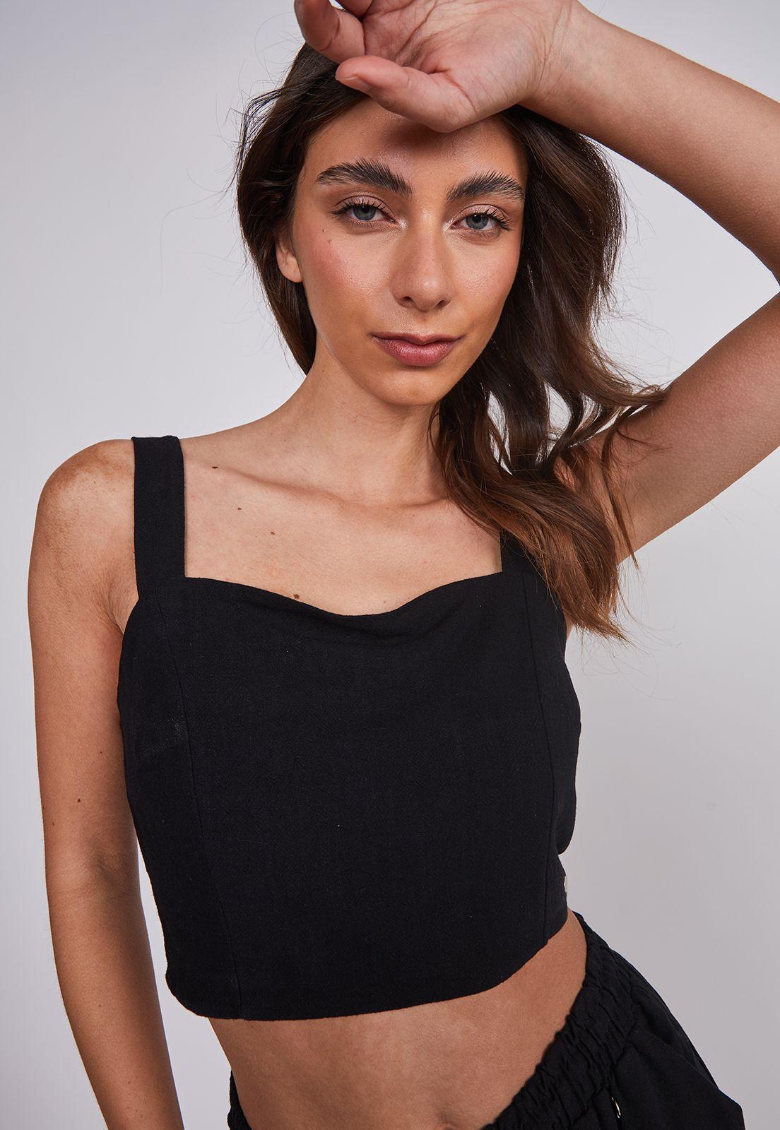 Blusa Mujer Lino Crop Negro Sioux-1