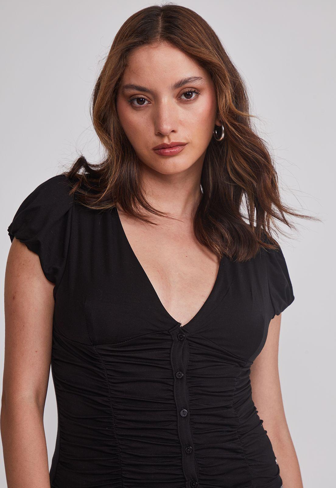 Polera Mujer Botones Recogido Negro Sioux-3