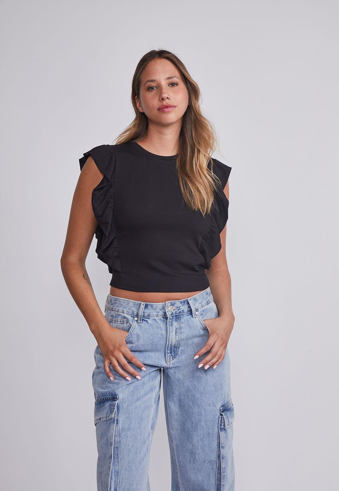 Polera Mujer Negro Vuelos Costado Sioux-0