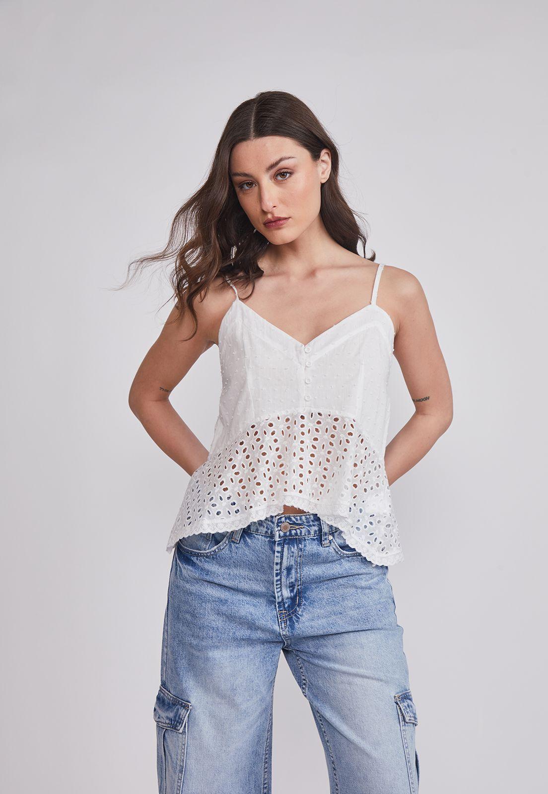 Blusa Mujer Broderie Botones Blanco Sioux-0